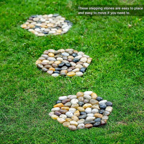 River Rock Stepping Stones Set Of 6 Hexagon Outdoor Garden Path Pavers Polished Pebbles on green grass.