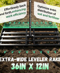 Heavy Duty Lawn Leveling Rake With 78 Inch Long Handle 36 By 12 Inch Head showing efficient soil distribution on lawn