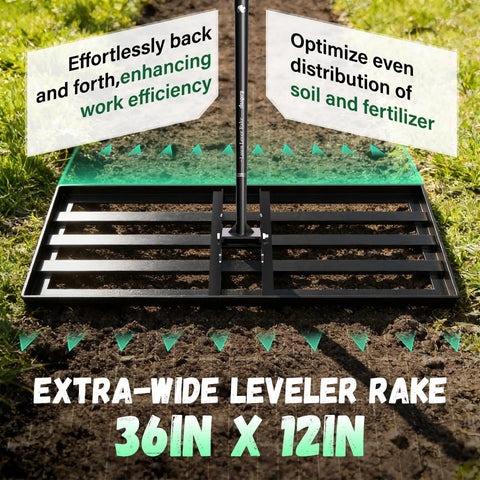 Heavy Duty Lawn Leveling Rake With 78 Inch Long Handle 36 By 12 Inch Head showing efficient soil distribution on lawn