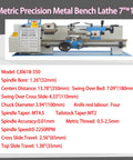 Heavy Duty 7X14 Inch Mini Metal Lathe With Variable Speed Control And Brushless Motor, showing specifications and details.