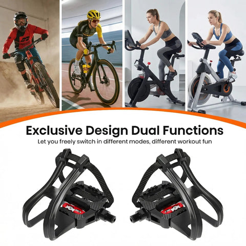Dual Function SPD Bike Pedals With Toe Cages And Straps Nine Sixteenth Inch Alloy Spindle for indoor cycling and biking.
