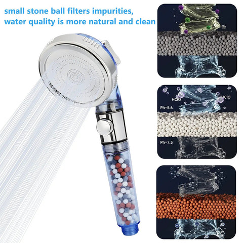High Pressure Jetting Shower Head With 3 Modes, Modern Chrome Finish, ABS Body, Mineral Stone Beads, Easy Universal Fitting