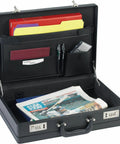 Premium Black Expanding Document Portfolio With Secure Combination Lock And Roomy File Compartments open, showing files and interior pockets.