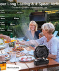 2 In 1 D Cell And USB Powered Fan for outdoors on picnic table with people; portable with 4 speeds, timer, and remote.