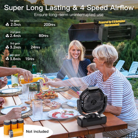 2 In 1 D Cell And USB Powered Fan for outdoors on picnic table with people; portable with 4 speeds, timer, and remote.