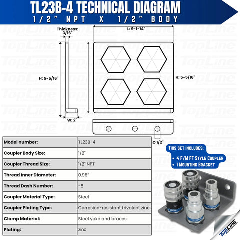 TL23B-4 1/2in NPT hydraulic quick-connect coupler set, flat-face, steel with mounting bracket and four couplers.