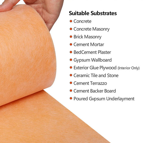 Waterproof Tile Underlayment Membrane For Shower And Bathroom Floors With Heavy Duty PE Fabric Uncoupling Barrier 5 Inch By 100 Foot Roll Anti Seepage Durable Floor Prep No Fuss Install being unrolled by hand to show fabric texture with list of suitable substrates for installation