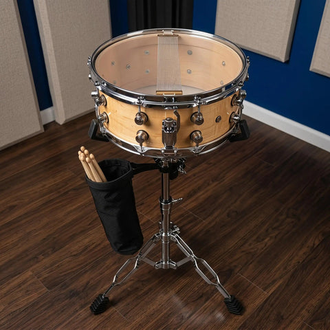 Killer Double Braced Snare Drum Stand With Stick Sleeve, Fast Height Tune Up From Sixteen To Twenty Two Inches, Heavy Duty Rubber Tripod offers stability.