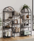 Triple Wide Arched Bookshelf With 11 Adjustable Open Shelves, Industrial Metal And Wood Display Rack, shown with decor items.