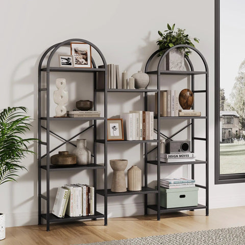 Triple Wide Arched Bookshelf With 11 Adjustable Open Shelves, Industrial Metal And Wood Display Rack, shown with decor items.