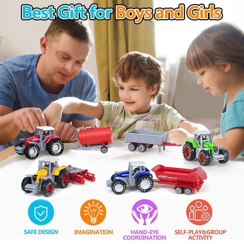 Children playing with 4 Pack Farm Tractor Toys With Trailers Die Cast Tractors And Trucks Set For Kids Ages 3 4 5 6 7 8.