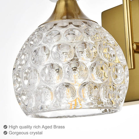 Close-up of crystal orb shade in Two Light Brushed Gold Vanity Light Fixtures For Bathroom Over Mirror With Crystal Orb Shades