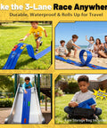 Children playing with a blue Triple Lane Flexible Race Track For Kids, 20Ft Roll-Up DIY Racetrack in various settings, easy to store.