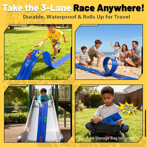 Children playing with a blue Triple Lane Flexible Race Track For Kids, 20Ft Roll-Up DIY Racetrack in various settings, easy to store.