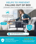 Killer Grip Premium Adjustable Bed Rail For Seniors Featuring No Fuss Setup And Smart Storage Pocket Astm Approved Fall Prevention Safety Guard Railing Black Assist Bar in use, extending from 20 to 30 inches.