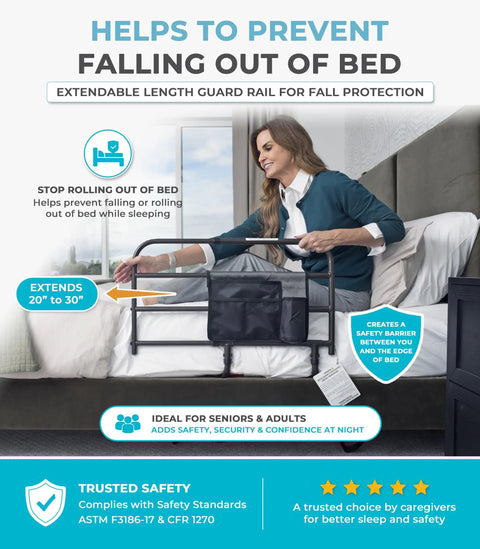 Killer Grip Premium Adjustable Bed Rail For Seniors Featuring No Fuss Setup And Smart Storage Pocket Astm Approved Fall Prevention Safety Guard Railing Black Assist Bar in use, extending from 20 to 30 inches.