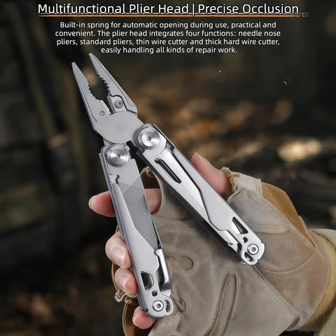 All In One Multitool Pliers With Replaceable Wire Cutters And Spring Loaded Action in rugged hand outdoors