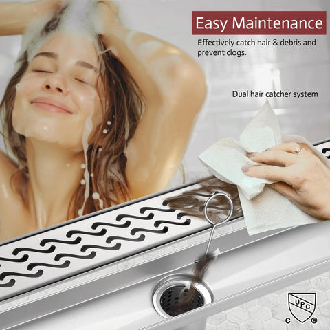 24 Inch Linear Shower Drain In Brushed Nickel Boasts A Hella Fast Deep Slope Design And Dead Simple Cleaning for easy maintenance.