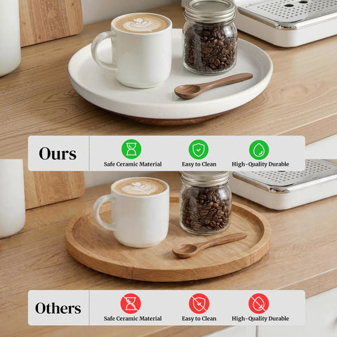 Super Smooth Spinning Ceramic Lazy Susan Tray With Natural Acacia Wood Base Round Rotating Kitchen Counter Organizer And Farmhouse Condiment Holder Totally Game Changer on kitchen counter showcasing ceramic and wood details.