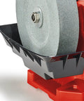 Close-up of Built Tough Electric Wet Bench Grinder With High Speed Grinding Stone and Leather Honing Wheel for crisp knife sharpening.