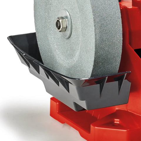 Close-up of Built Tough Electric Wet Bench Grinder With High Speed Grinding Stone and Leather Honing Wheel for crisp knife sharpening.