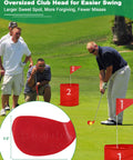 Group playing with Adjustable Dual Length Golf Clubs For Backyard Practice, oversize 5 in club head, on lawn with flag targets.