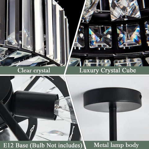 Close-up of black round 4 light crystal chandelier semi flush mount ceiling fixture, showing crystal details and metal body.