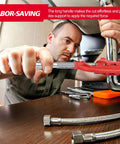 Man using Heavy Duty 1 To 3 Inch Pipe Cutter Tool With Extra Blade For Fast Clean Cuts On Galvanized Steel And Iron Pipes Pro Grade Rigid Cutter With Ball Thrust Bearing For Smooth Precise Pipe Cutting on a metal pipe