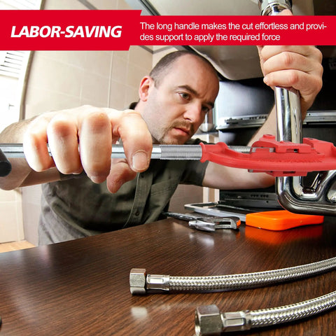 Man using Heavy Duty 1 To 3 Inch Pipe Cutter Tool With Extra Blade For Fast Clean Cuts On Galvanized Steel And Iron Pipes Pro Grade Rigid Cutter With Ball Thrust Bearing For Smooth Precise Pipe Cutting on a metal pipe