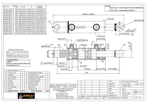 Technical drawing of 2x18 hydraulic cylinder; side view, 2 in bore, 18 in stroke, welded tang, double-acting.