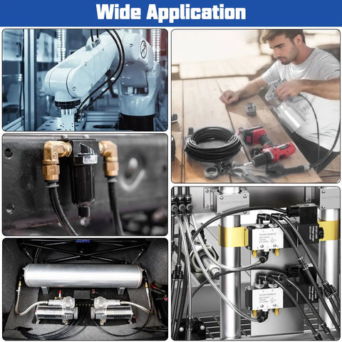 Collage showcasing wide applications of Three Eighths Inch DOT Air Line Hose Fifty Feet Black SAE J844 PA12 with Cutter