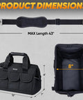Heavy Duty Tool Bag With Multi Pocket For Pros, Built From 600D Oxford Fabric, Black, 12 Inch Base, 43 Inch Strap, Interior Dimensions