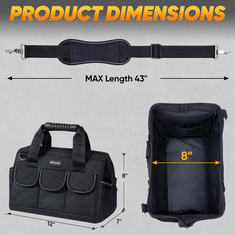 Heavy Duty Tool Bag With Multi Pocket For Pros, Built From 600D Oxford Fabric, Black, 12 Inch Base, 43 Inch Strap, Interior Dimensions
