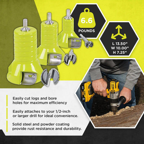 Built Tough 3 Piece Die Cast Aluminum Tenon Cutter Set With 1.5 And 2 Inch Sizes And Matching Forstner Bits shown with drill attachment.