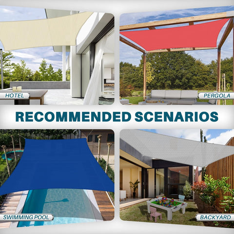 Various scenarios for using 12x14 Foot Sun Shade Sail Outdoor Canopy Rectangle Heavy Duty Shade Cloth For Backyard Yard Deck Patio Garden Light Grey Breathable HDPE Not Waterproof displayed.