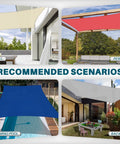 Collage showing beige, red, blue, and gray sun shade sails for hotel, pergola, swimming pool, and backyard applications.