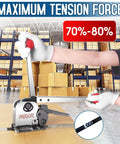 Tough As Nails Steel Banding Strapping Kit featuring a tensioner in use with boxes in a warehouse setting.