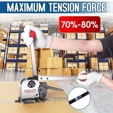 Tough As Nails Steel Banding Strapping Kit featuring a tensioner in use with boxes in a warehouse setting.