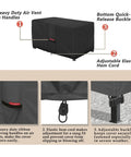 Waterproof 600D Rectangular Fire Pit Cover For 48 By 28 Inch Fire Tables with air vent, buckle, and elastic hem details