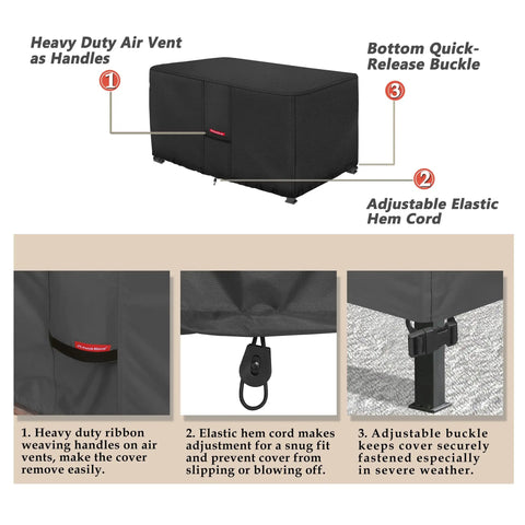 Waterproof 600D Rectangular Fire Pit Cover For 48 By 28 Inch Fire Tables with air vent, buckle, and elastic hem details