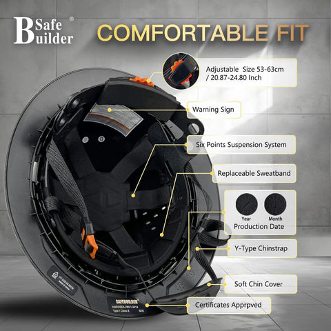 Interior view of G1E Full Brim Construction Hard Hat with Sunshade ANSI Class E HDPE Head Protection showing 6-point suspension.