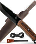 Full Tang Bushcraft Knife 9.8 Inch with Fire Starter and Leather Sheath - 5 Inch Carbon Steel Fixed Blade close-up view