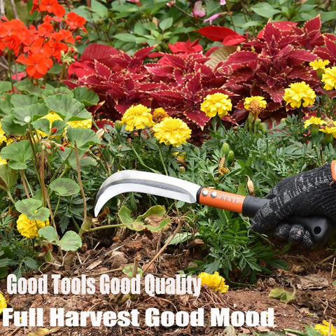 Weeding Sickle for Gardens and Lawns, ergonomic hand sickle with grip, sharp carbon steel blade amidst vibrant garden flowers