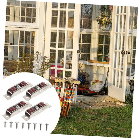 Heavy Duty Stainless Steel Sash Roller Double Wheel Pulley 4 Pack for Sliding Windows and Doors Smooth Silent Operation Fits Standard Tracks Rugged Construction displayed near a sunny patio.
