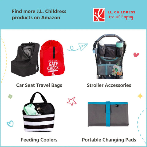 J.L. Childress travel products, including car seat travel bags, stroller accessories, feeding coolers, and portable changing pads.