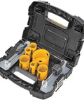 DEWALT bi-metal hole saw kit in plastic carrying case with yellow hole saws