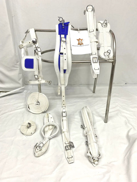 Nylon Horse Driving Harness For Single Horse Cart Pony, Blue And White, Chrome Plated Buckles, Fully Padded Comfort Fit