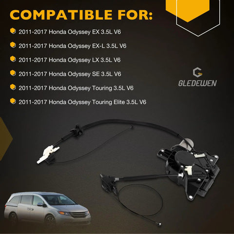Driver Side Power Sliding Door Motor Assembly With Cable Fits Honda Odyssey 2011 To 2017, showing assembly and compatibility list.