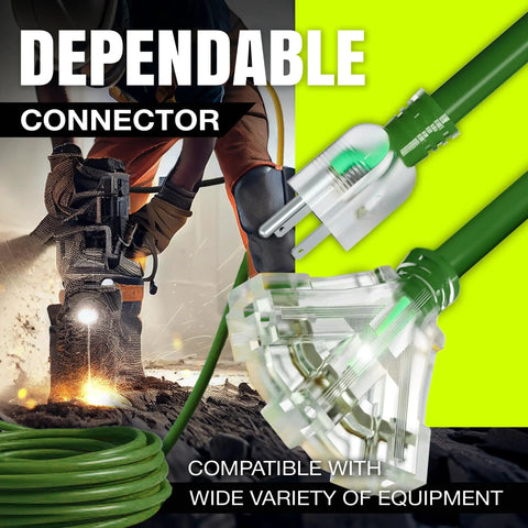 75 Foot Outdoor Indoor Extension Cord With Three Outlet 12 3 Gauge Heavy Duty ETL Listed Waterproof Flexible SJTW Power Cord 125V 1875W 15A Cold Resistant Long Green with man using power tool