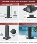 Square Surface Mount Post Clamp, adjustable posts, made from premium 2205 stainless steel, for six-panel glass deck railing kit.